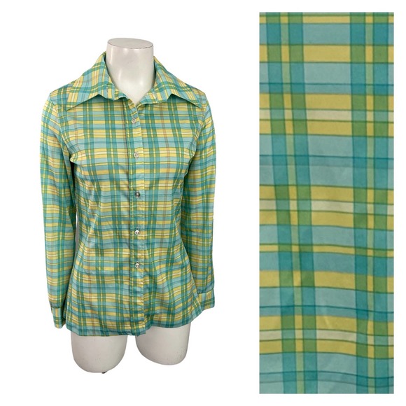 1970s Pastel Plaid Check Button Up Blouse Top Dagger Collar / Women’s Small - Picture 1 of 4